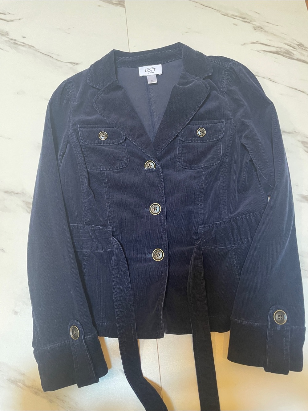 LOFT Navy Corduroy Blazer with Waist Tie